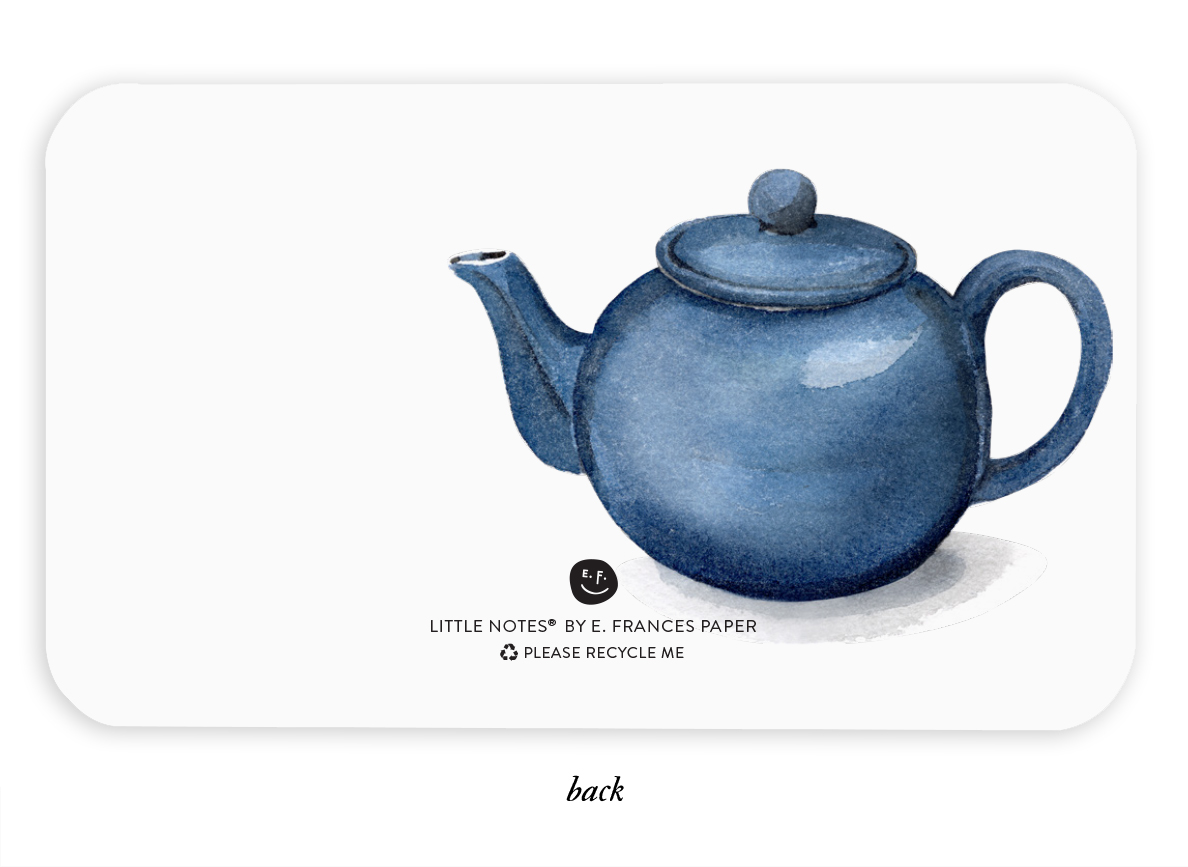 Image of back of tiny note with images of a blue china teapot on right side and white background. 