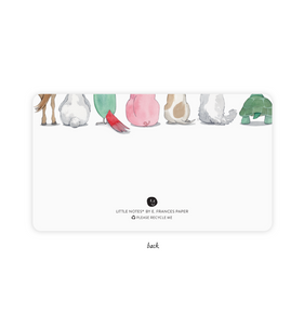 Image of box of little notes with white background and images of the back ends of a green turtle, grey cat, brown and white dog, pink pig, green parrot, white bunny and brown horse.