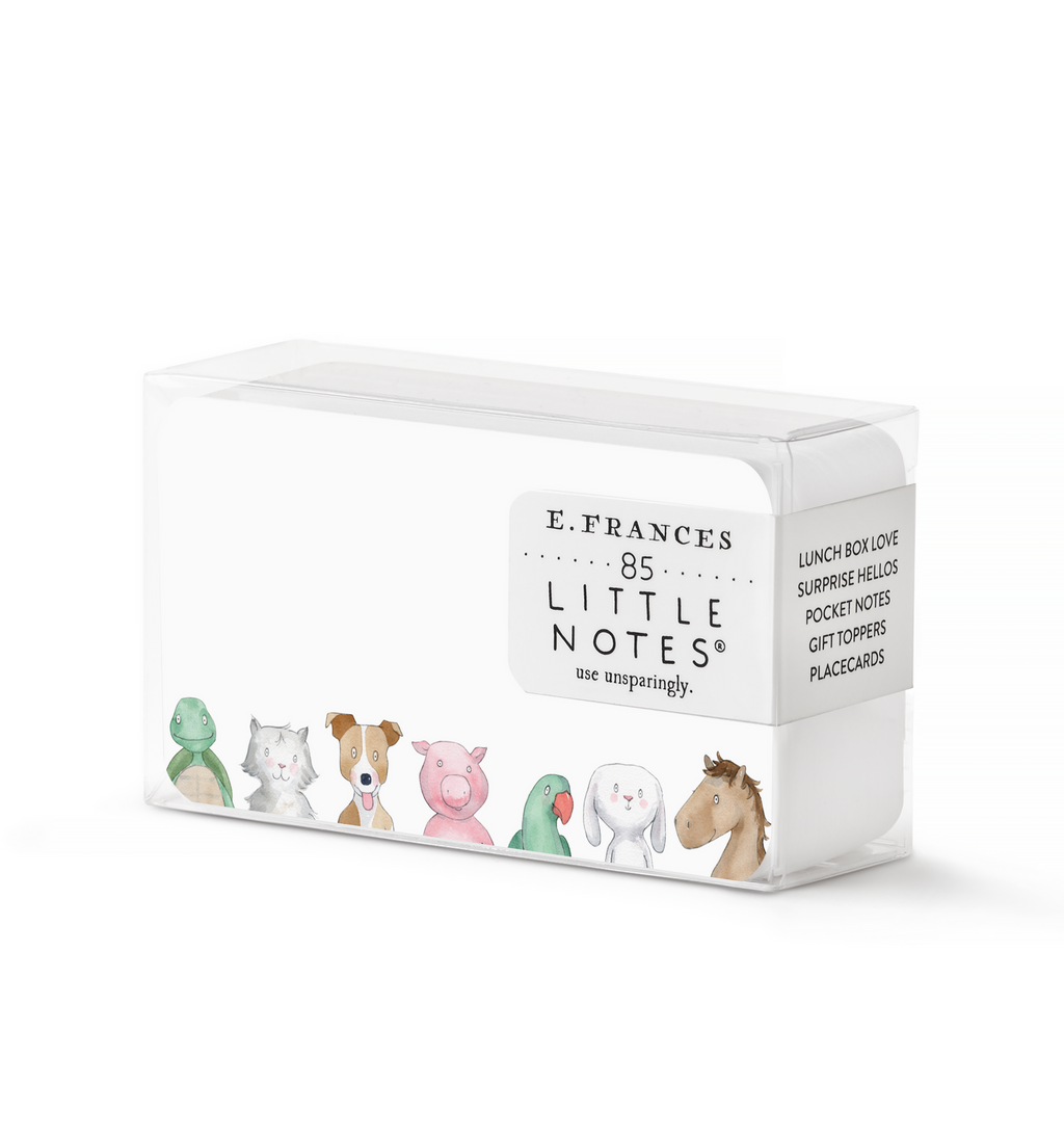 Image of box of little notes with white background and images of heads of a green turtle, grey cat, brown and white dog, pink pig, green parrot, white bunny and brown horse.