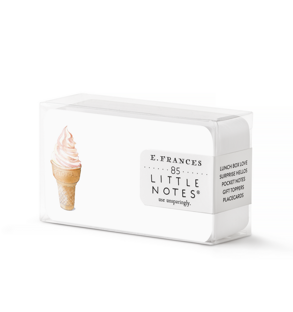 Image of notecard with white background and image of an ice cream cone in tan with cream colored ice cream. 