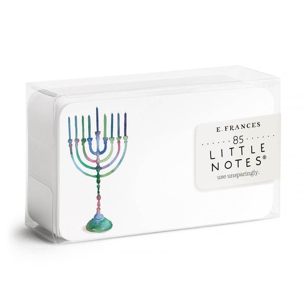 Little notecards with white background and image of a menorah on left of card.