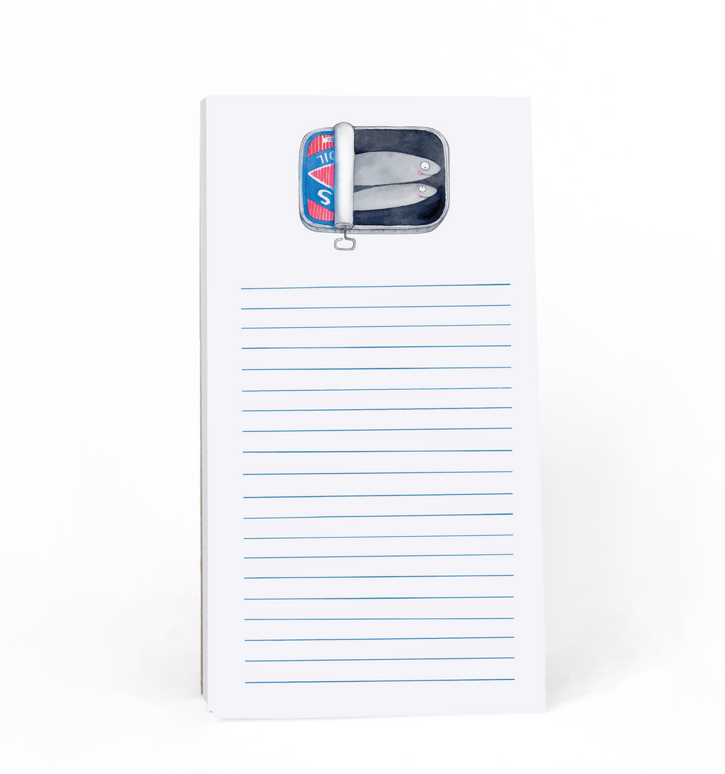 Notepad with white background with image of a can of sardines with rolled back can. Blue lines for list making. 