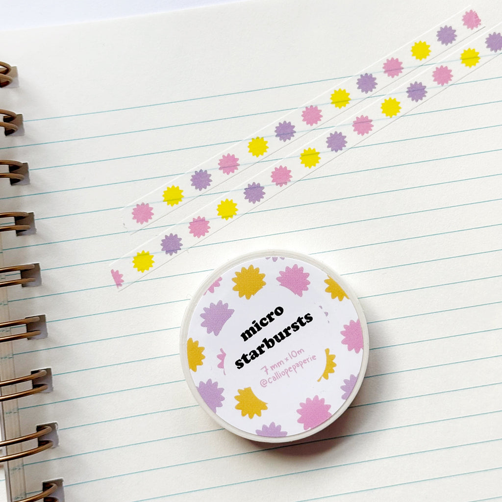 Decorative tape with micro starbursts in pink, yellow and lilac.