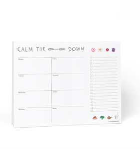 Image of a notepad with white background and blocks with days of the week on left side of pad. Left side of notepad has a lines and checkboxes for grocery list. Top of pad has black text says, "Calm the fork down" with image of a fork for the word. 