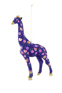 Image of blue giraffe with purple and pink flowers with gold foil dots. 