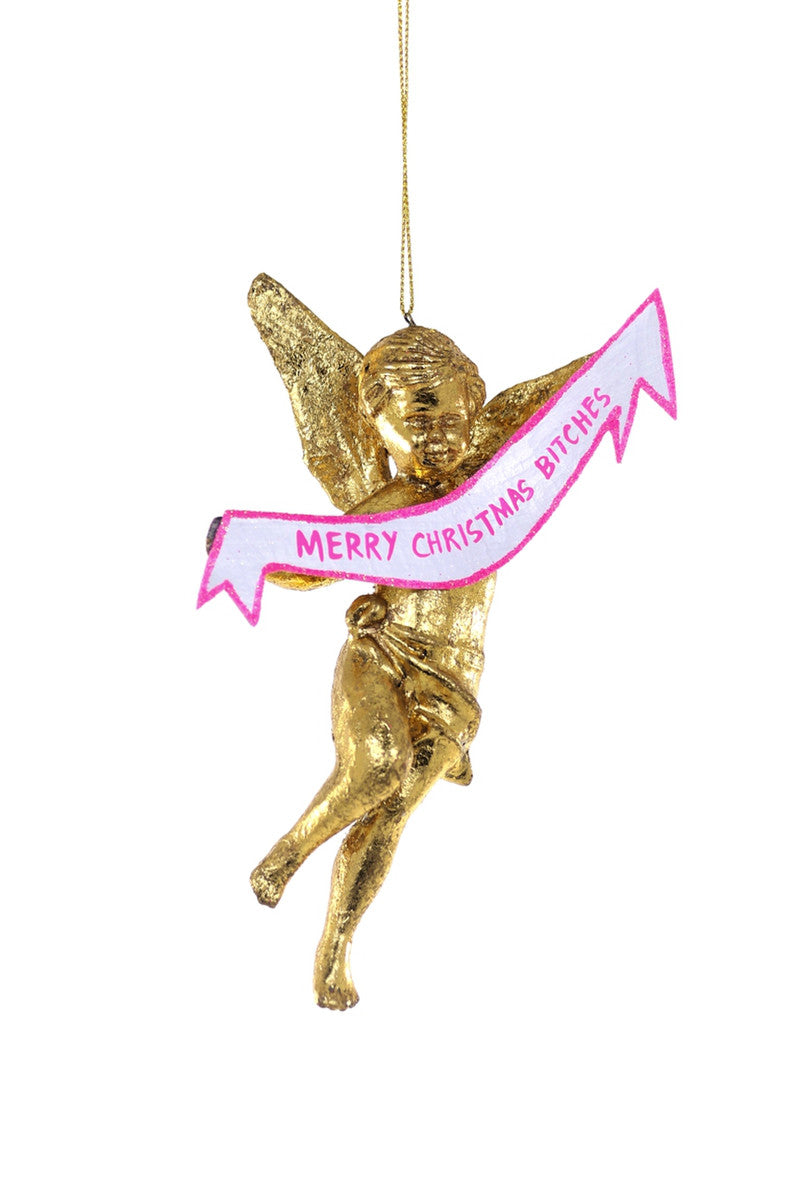 Image of a golden cherub holding a white banner with pink text says, "Merry Christmas Bitches". 