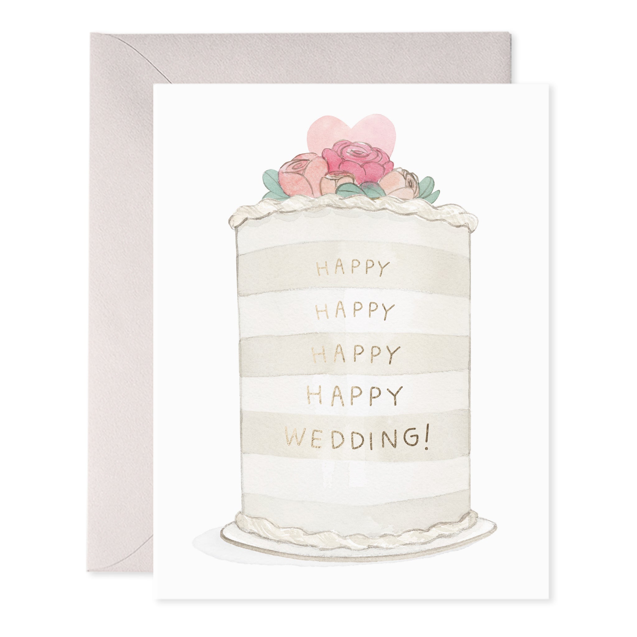 Greeting card with white background and image of a wedding cake with pink and peach flowers on top and grey text says, :Happy happy happy happy wedding!". Grey envelope included.