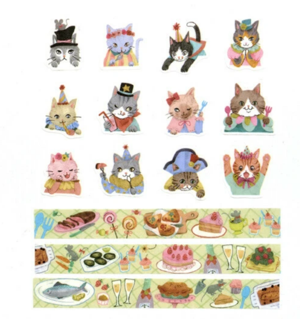 Dinner Party Cats Sticker Washi Tape Set
