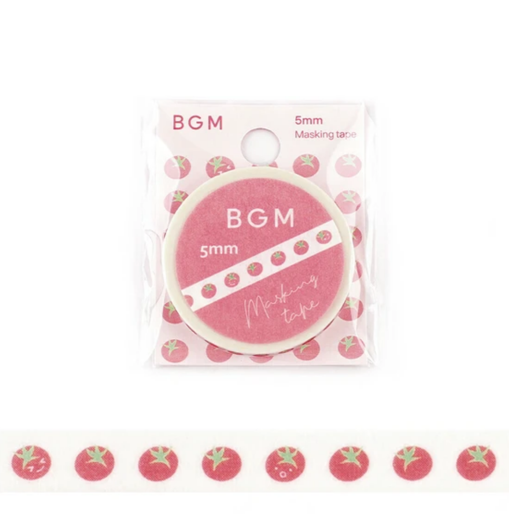 Washi tape with white background and images of tiny red tomatoes and green stems.