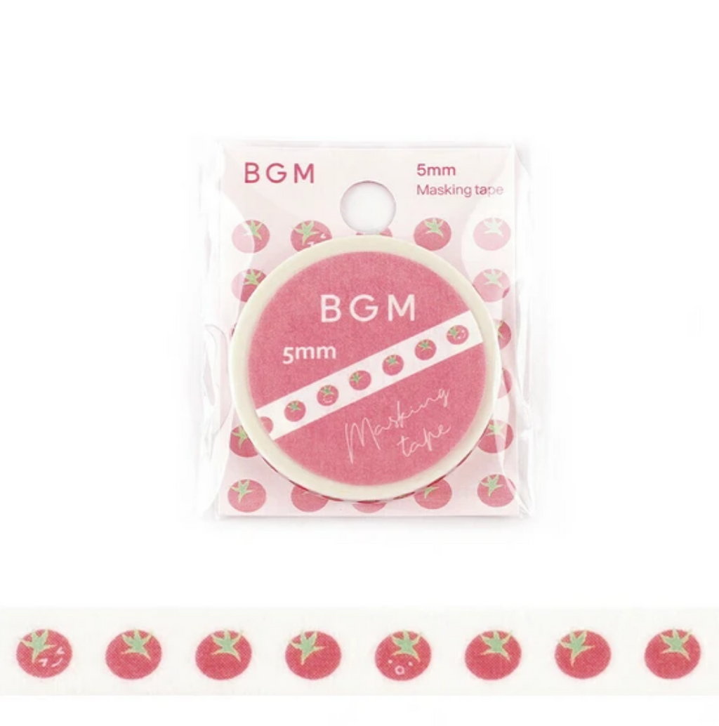 Washi tape with white background and images of tiny red tomatoes and green stems.