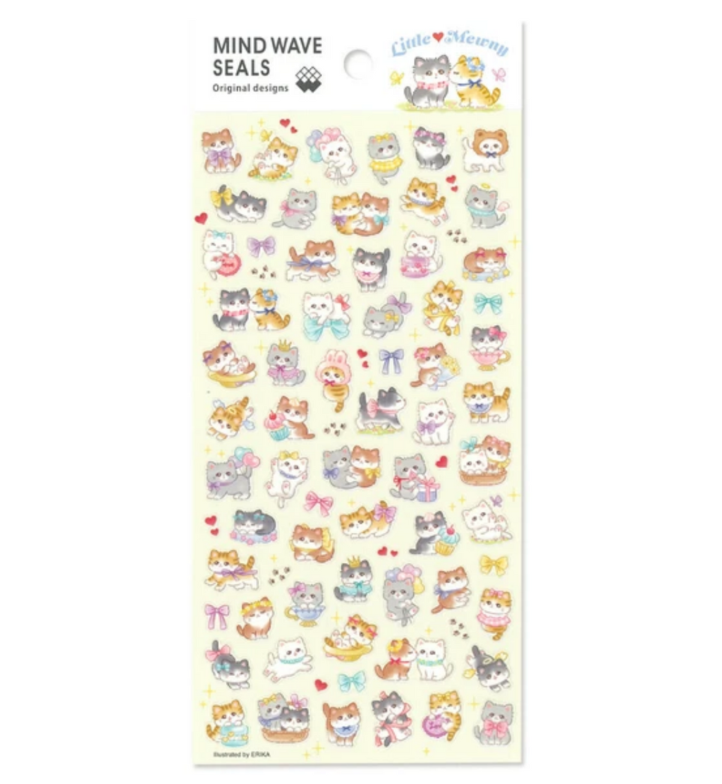 Sticker sheet with yellow background and images of kitties playing.