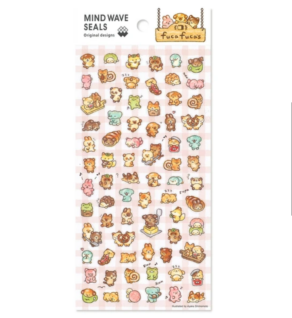 Sticker sheet with pink and white check background and images of tiny animals doing funny things.