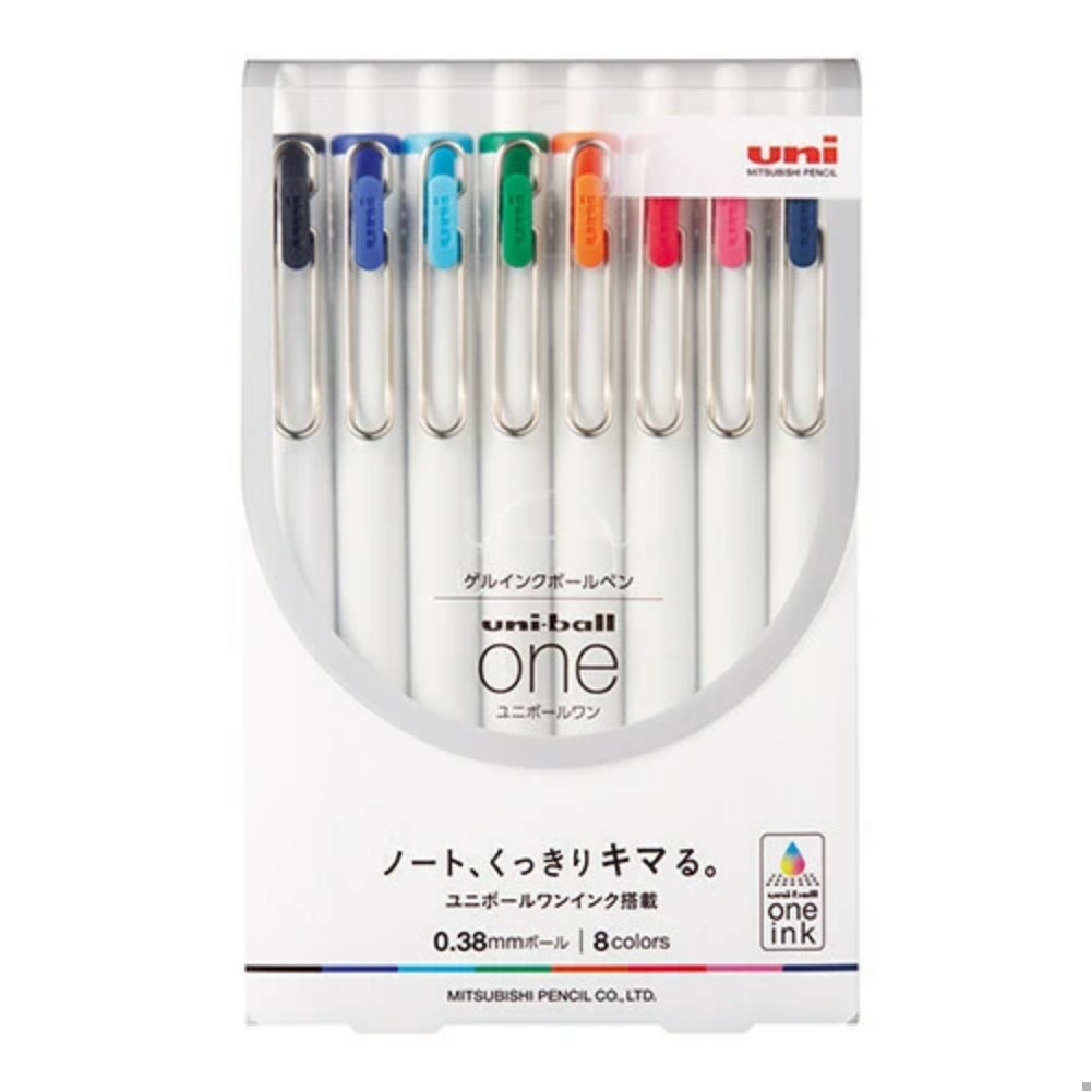 Image of package of uniball one pens in rainbow color ink with white barrel.