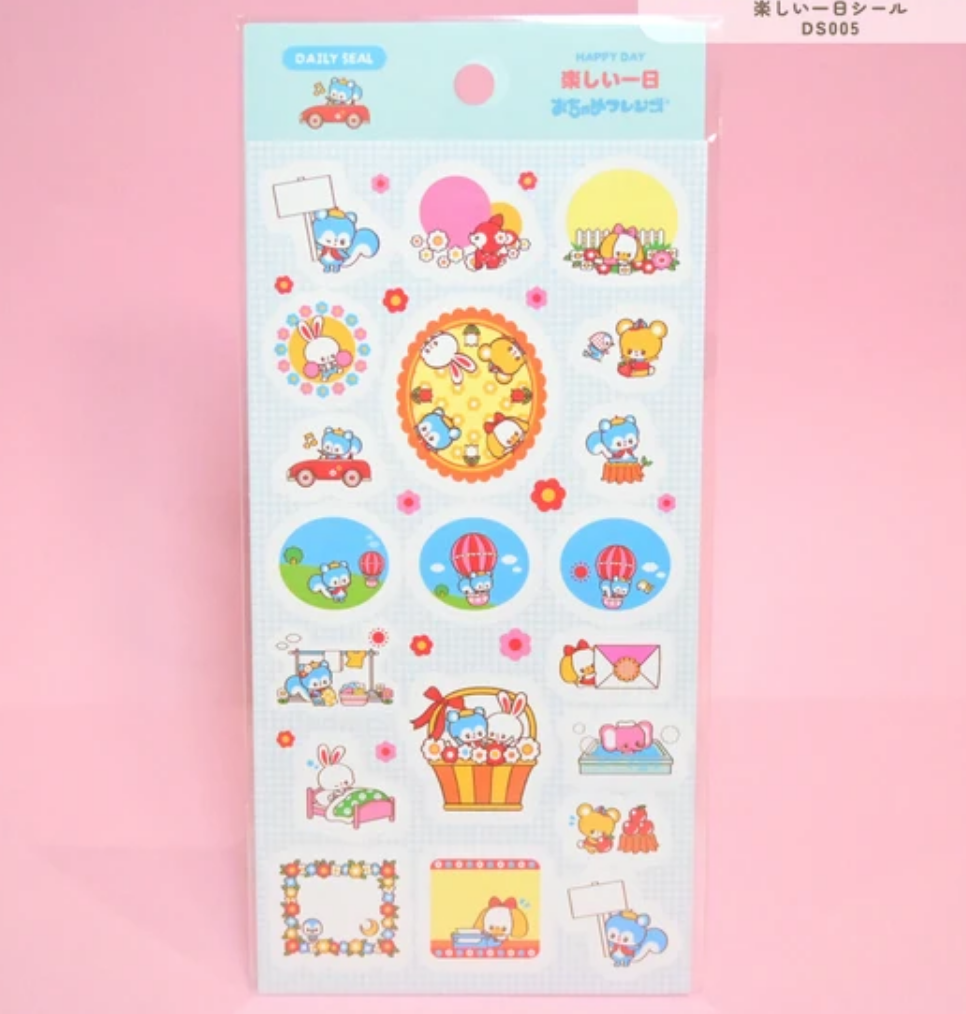 Sticker sheet with blue background and images of tiny animals in rainbow colors.