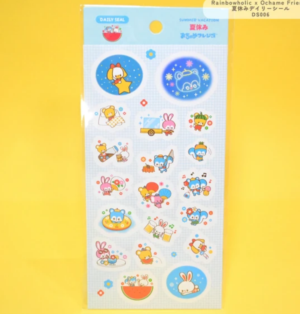 Decorative sticker sheet with blue background and images of animals in pink, blue and yellow. 