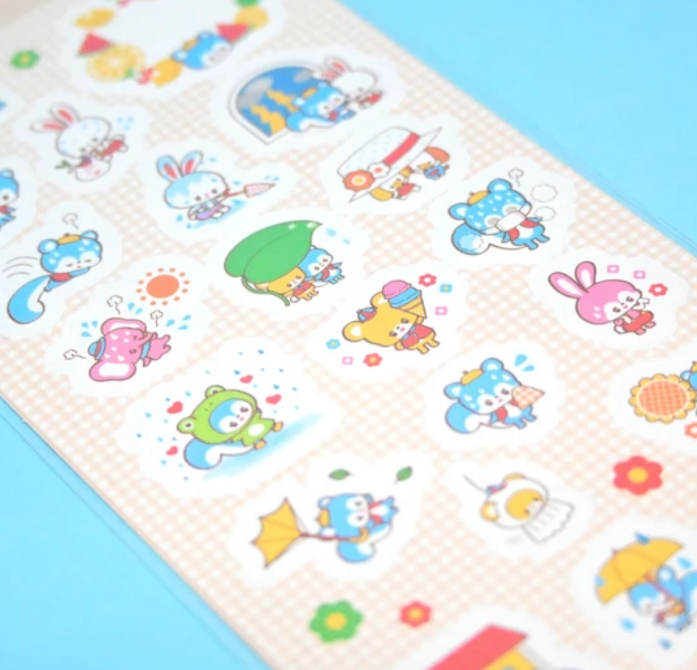 Sticker sheet with pink background and images of tiny animals in pastel colors.