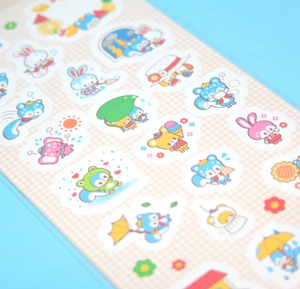 Sticker sheet with pink background and images of tiny animals in pastel colors.