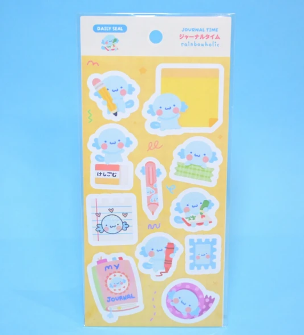 Sticker sheet with yellow background and images of pastel colored mail and stationery items.