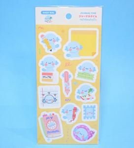 Sticker sheet with yellow background and images of pastel colored mail and stationery items.