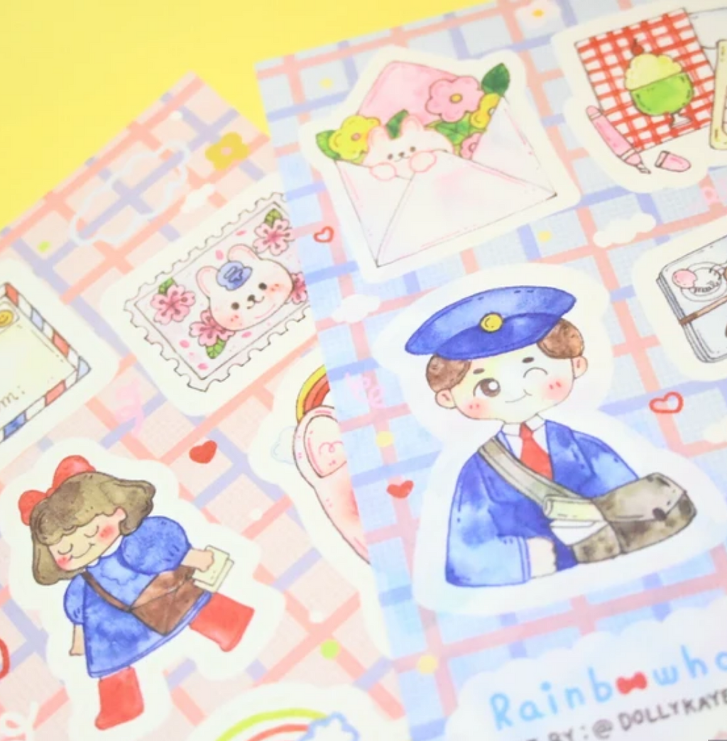 Sticker sheet with blue and pink background and images of postal workers and mail, envelopes.