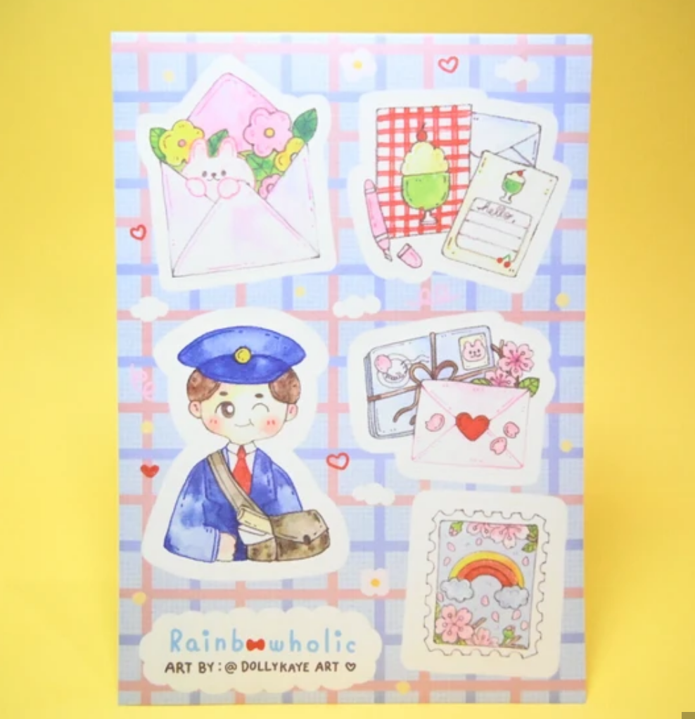 Sticker sheet with blue and pink background and images of postal workers and mail, envelopes.