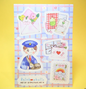 Sticker sheet with blue and pink background and images of postal workers and mail, envelopes.