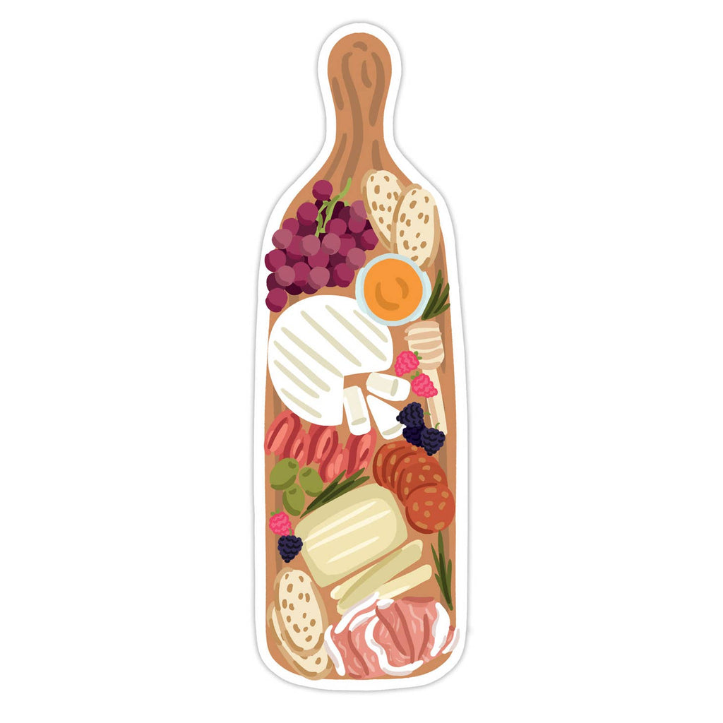 Image of bookmark with white frame edging and brown board with images of cheese, meat, fruit and crackers. 