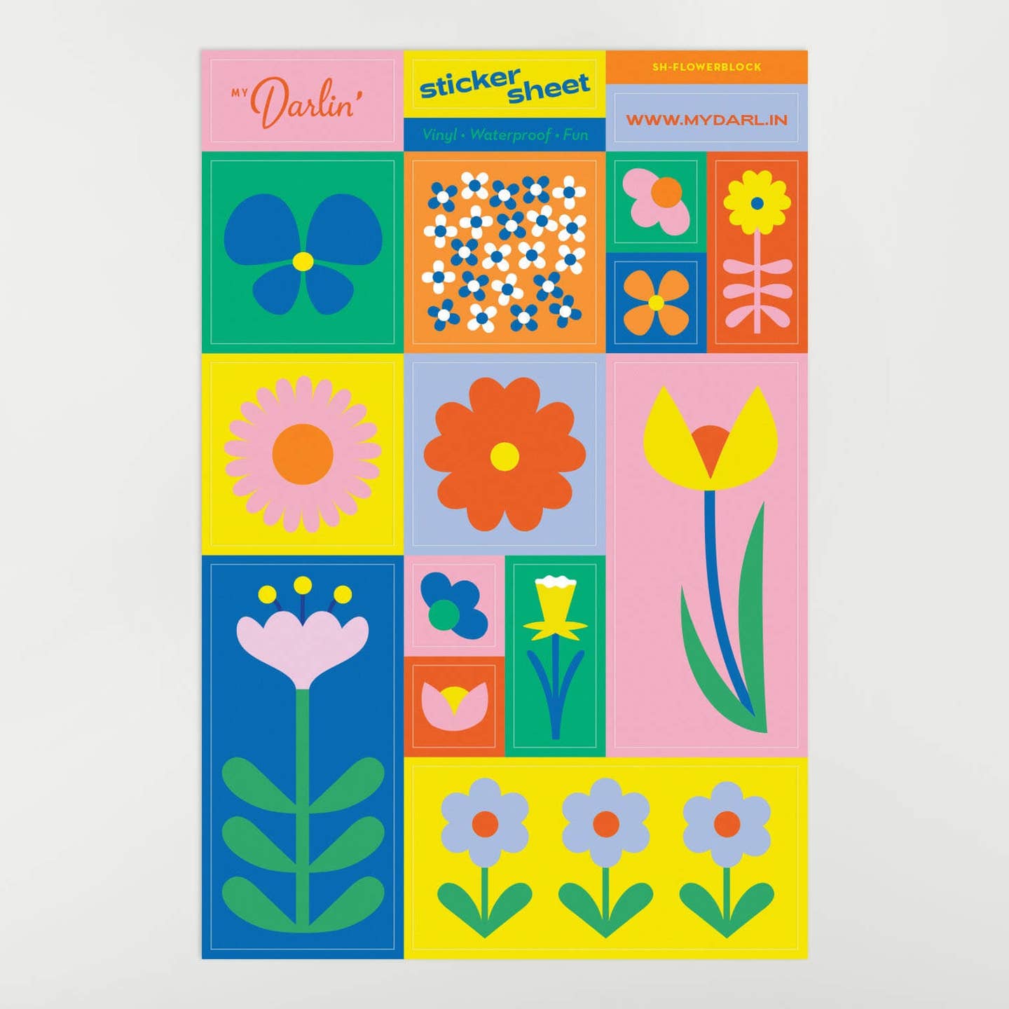 Decorative sticker sheet with images of flowers in a color block pattern in green, blue, yellow, pink and orange. 