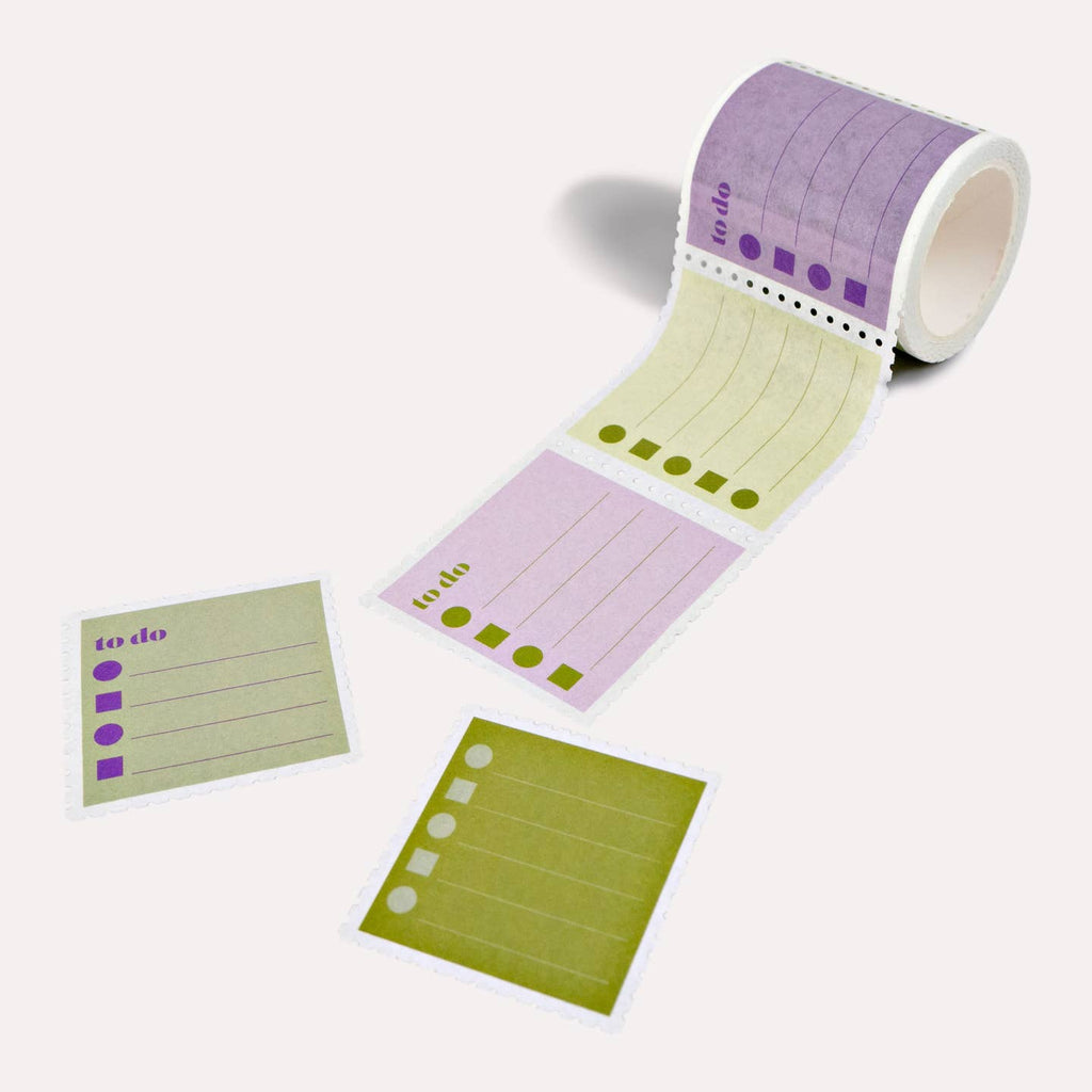 Image of roll of large washi tape in olive, mint, lilac and purple with To Do at top of block and lines and check boxes.