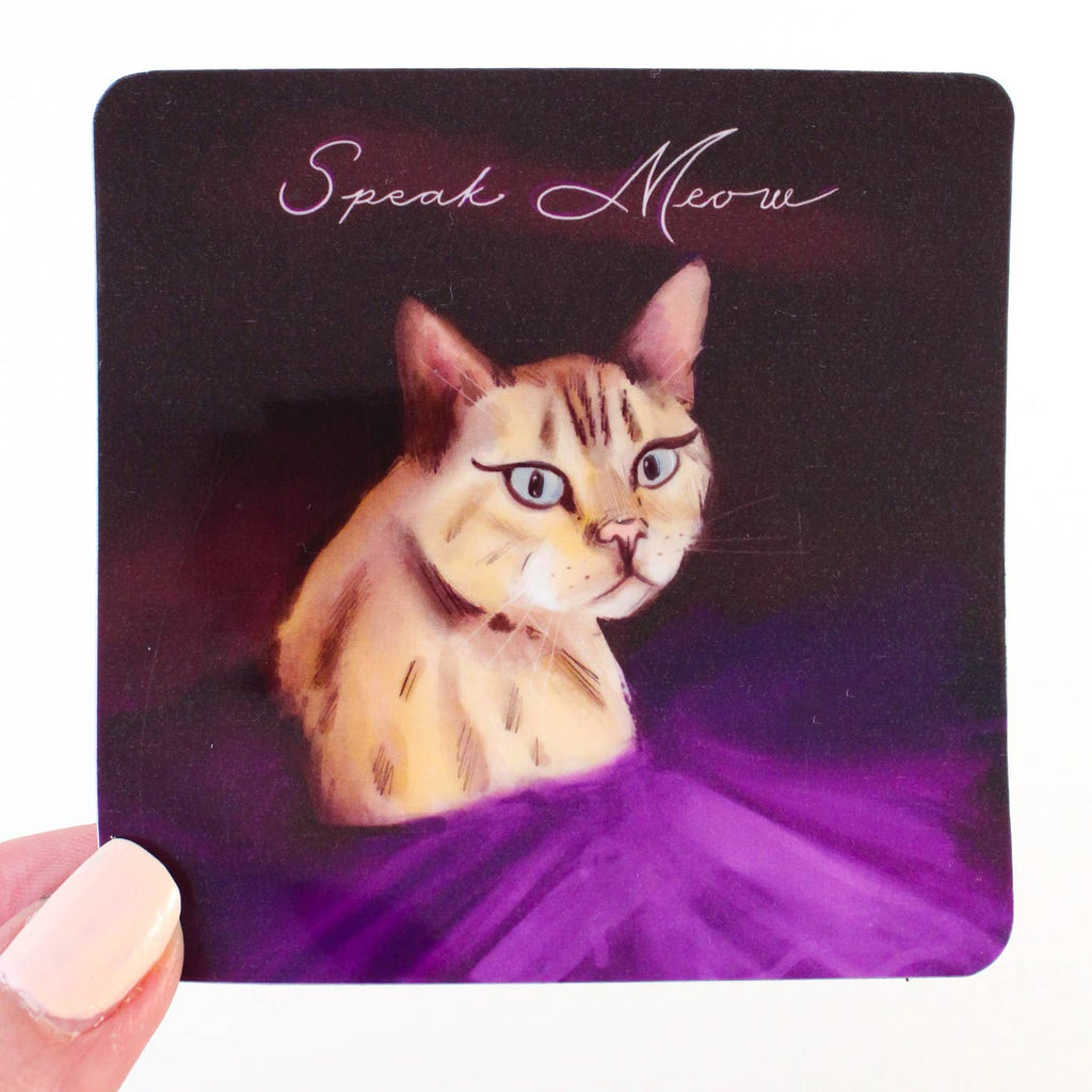 Image of sticker with purple background and image of tan cat and lavender text says, "Speak meow". 