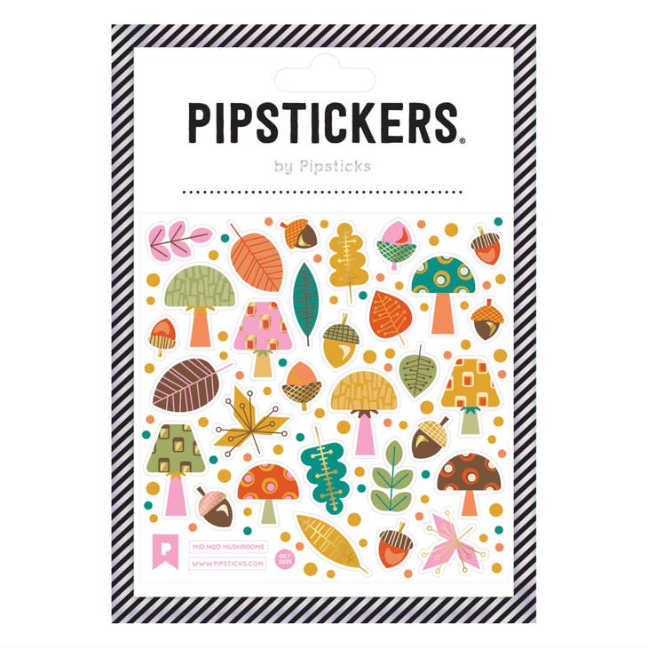 Image of sticker sheet with white background and images of mushrooms, leaves, and acorns  in pink, green, gold, orange, brown and teal. 