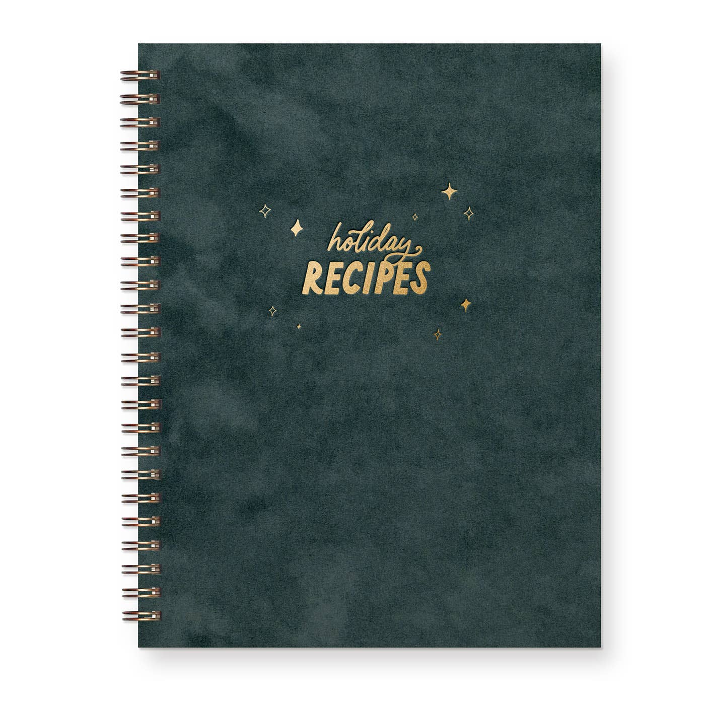 Recipe book with dark green cover and gold text says, "Holiday recipes" with gold coil binding. 