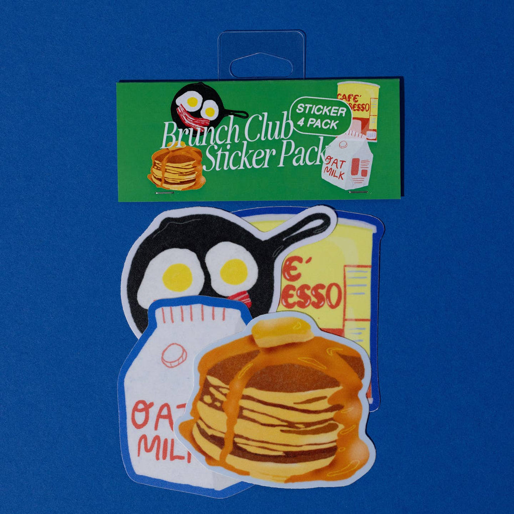Package of decorative stickers in the image of pancakes, cafe expresso, oat milk and a skillet with eggs and bacon.