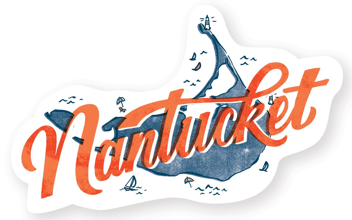 Decorative sticker with cream background and image of Nantucket island in blue with red text says, "Nantucket". 