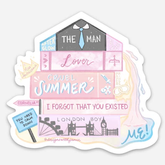 Decorative sticker with image of stack of books with names of Taylor Swift songs from Lover album on binding.