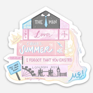 Decorative sticker with image of stack of books with names of Taylor Swift songs from Lover album on binding.