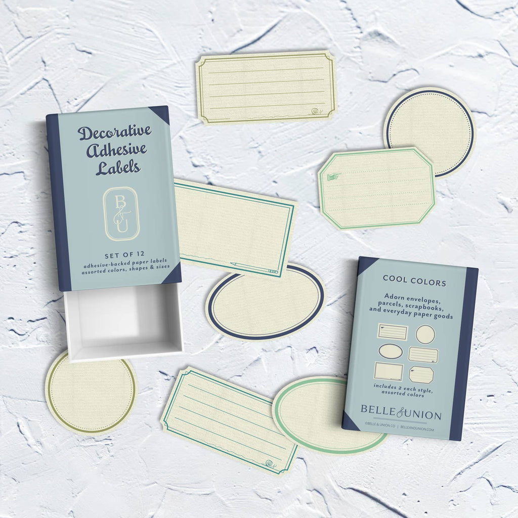 Stickers with box in square, circle and rectangle shapes in cream with red, green, blue and tan borders.