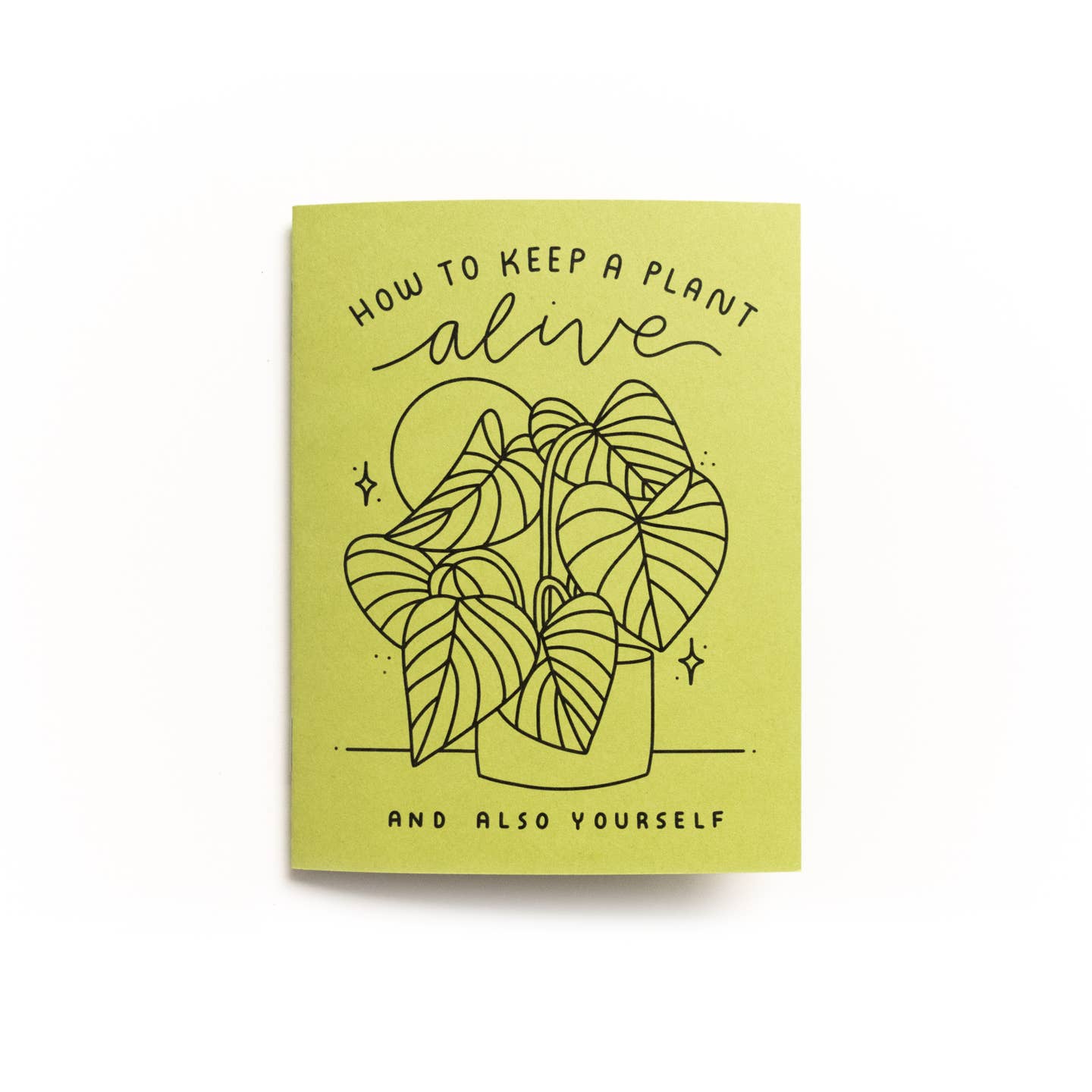 Image of cover of zine with chartreuse background and black text says, "How to keep a plant alive and also yourself" with image of a houseplant.