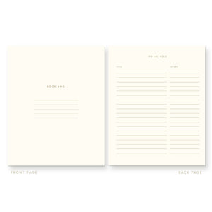 Page of journal with white background and grey text says, "Book log" and lines. Right page has grey text says, "To be read", "title" and "author" with lines.