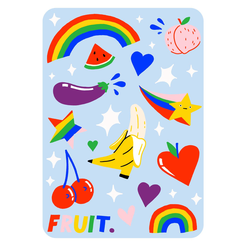 Image of iron on appliques in the shape of fruits, rainbows, and stars. 