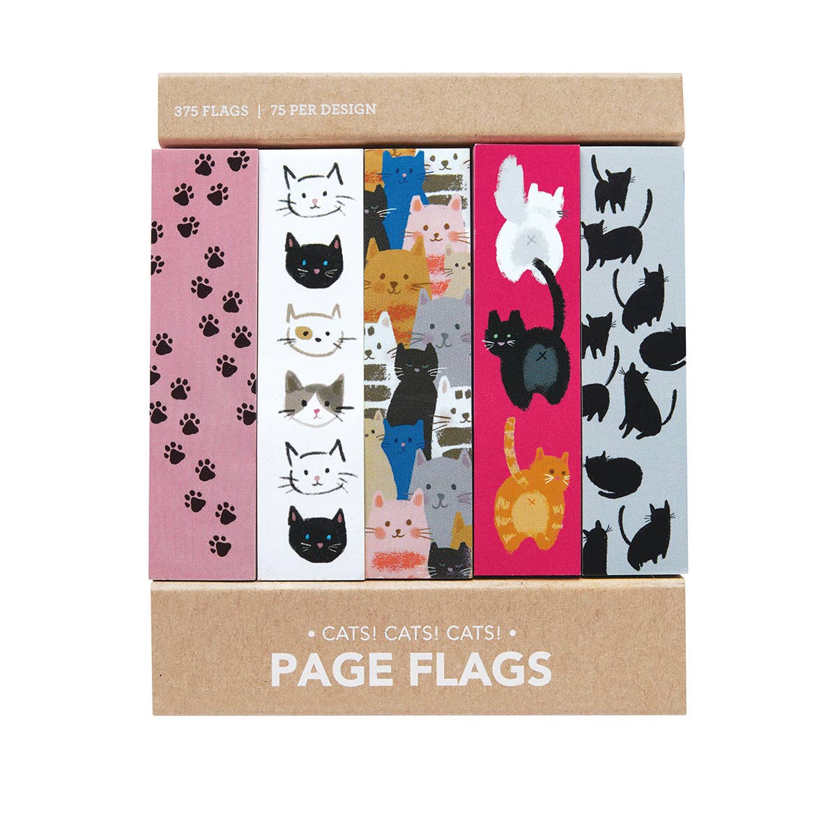 Image of set of page flags with images of cat related items. Pink background with black paw prints, white background with images of cat faces, cat images in grey, black, pink, tan and white, red background with images of cats from behind, grey background with images of black cats.