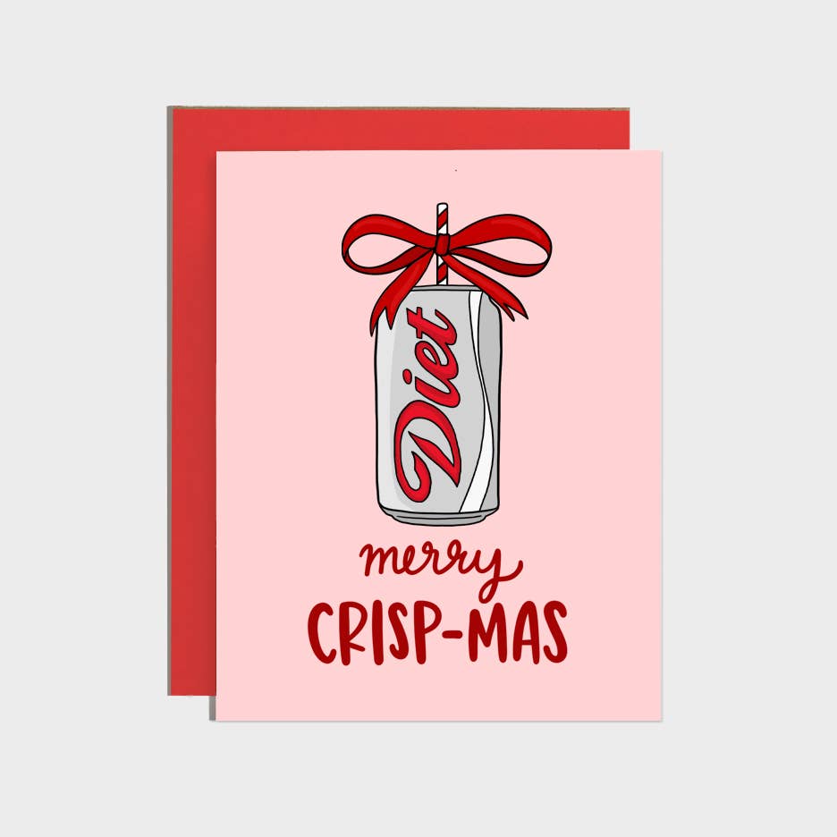 Greeting card with pink background and image of a can of diet coke hanging with a bow around the straw and red text says, "Merry Crisp-mas". Red envelope included.