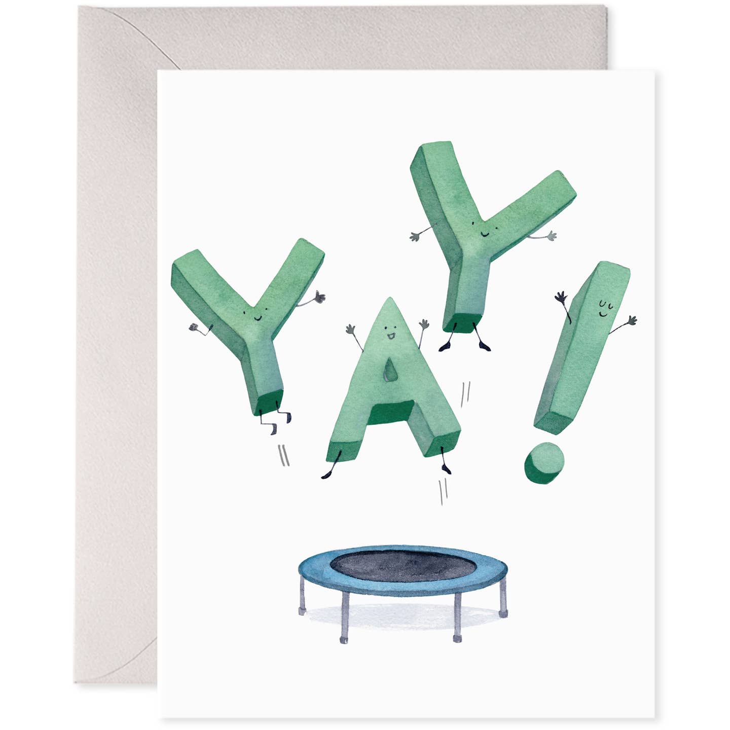 Greeting card with white background and image of a trampoline with green text says, "Yay!" jumping on trampoline. Grey envelope included.