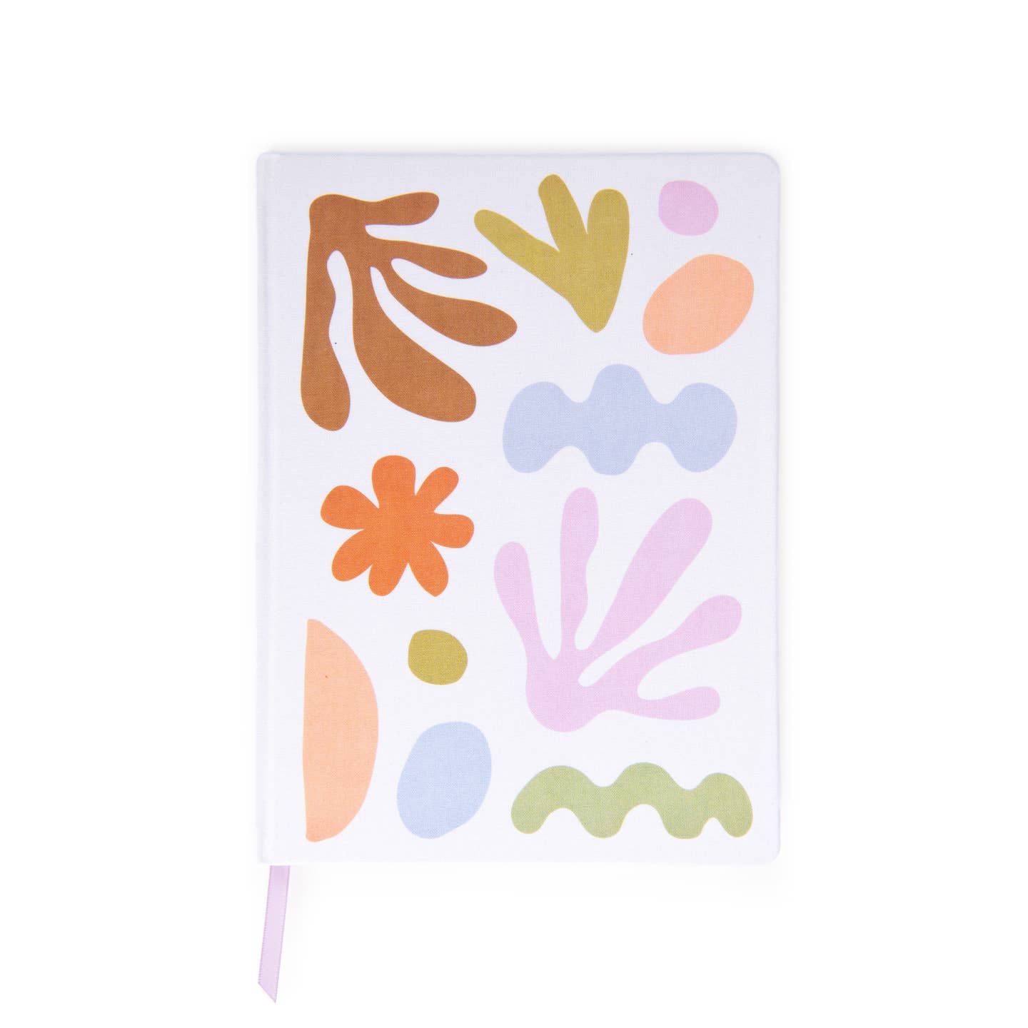 Journal cover in pastel shapes in orange, brown, peach, chartreuse, lilac and green. 