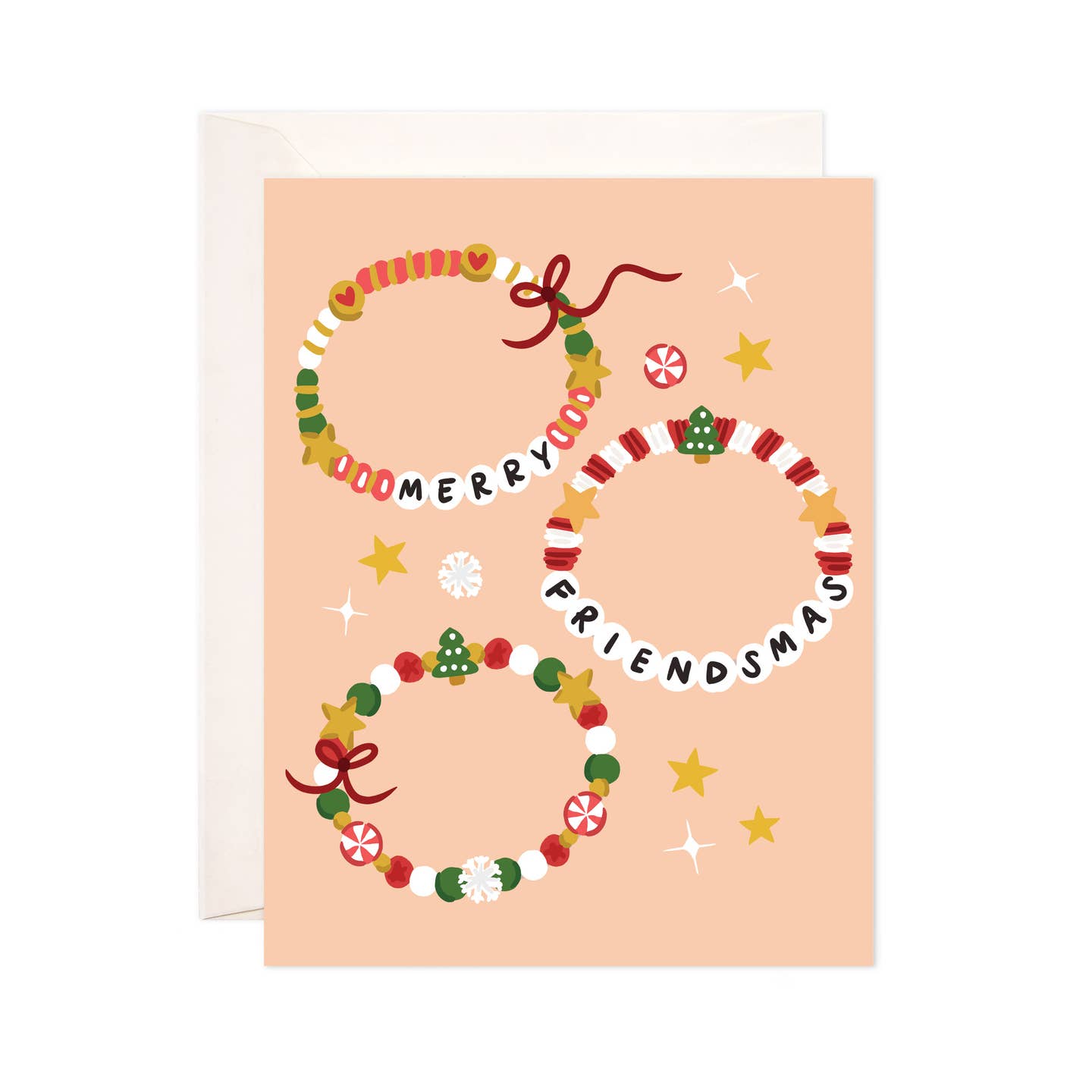 Greeting card with pale pink background and images of friendship bracelets with red, green and white beads. Black text on beads says, "Merry Friendsmas". 