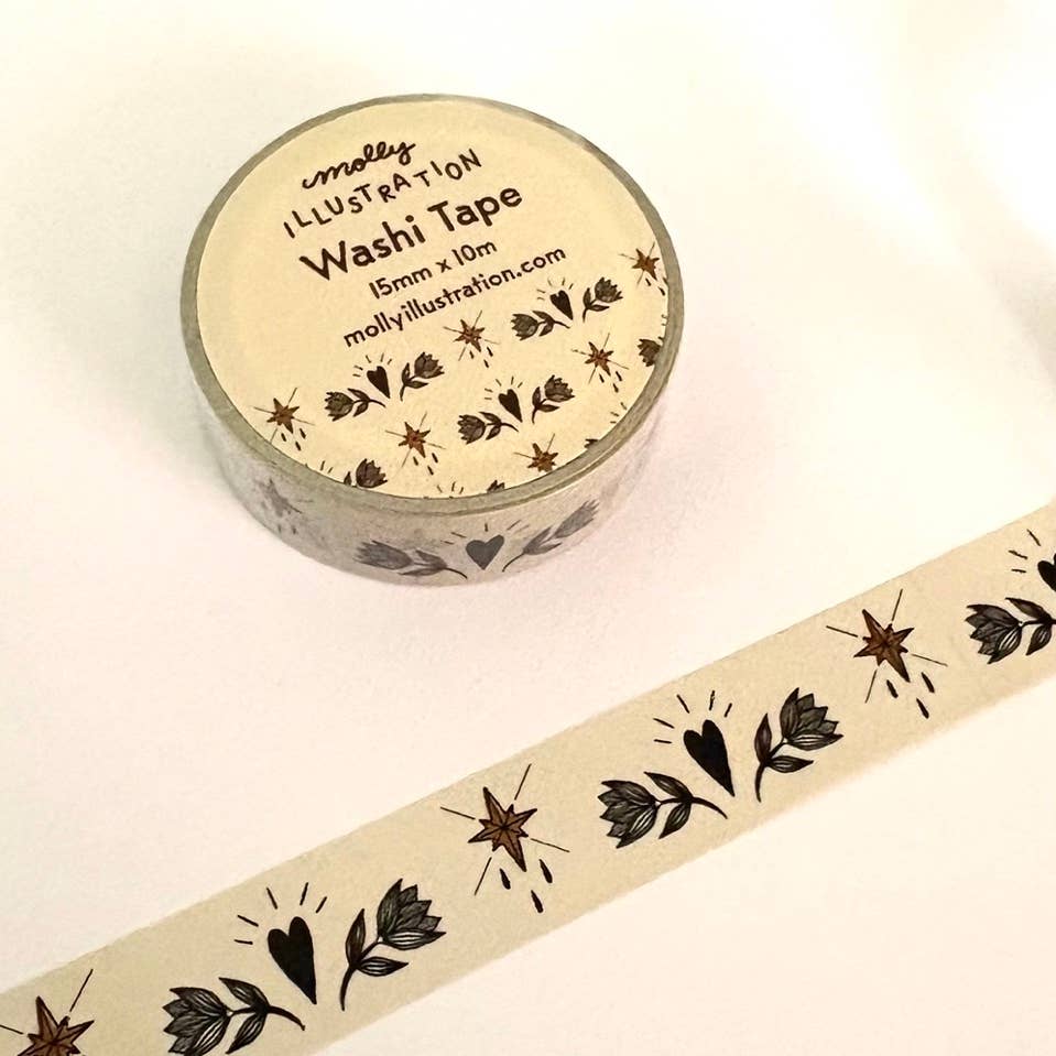 Decorative tape with cream background and black images of tulips, hearts and northstars.