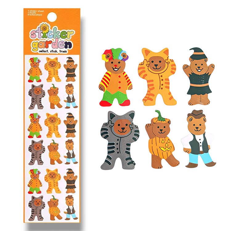 Image of sticker sheet with images of bears wearing costumes like a tiger, witch, pumpkin and cowboy.