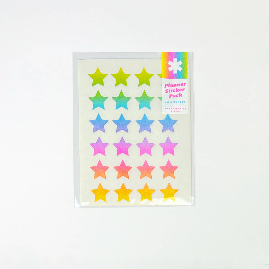 Sticker sheets with images of rainbow colored stars in pink, yellow, green, blue and lilac.