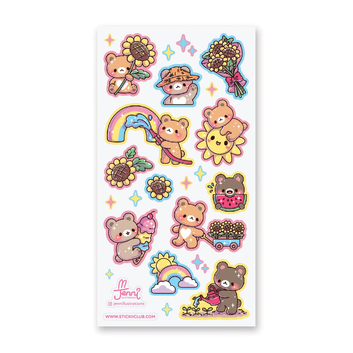 Sticker sheet with white background and iamges of brown bears holding sunflowers, eating watermelon, watering flowers and watering a rainbow. 