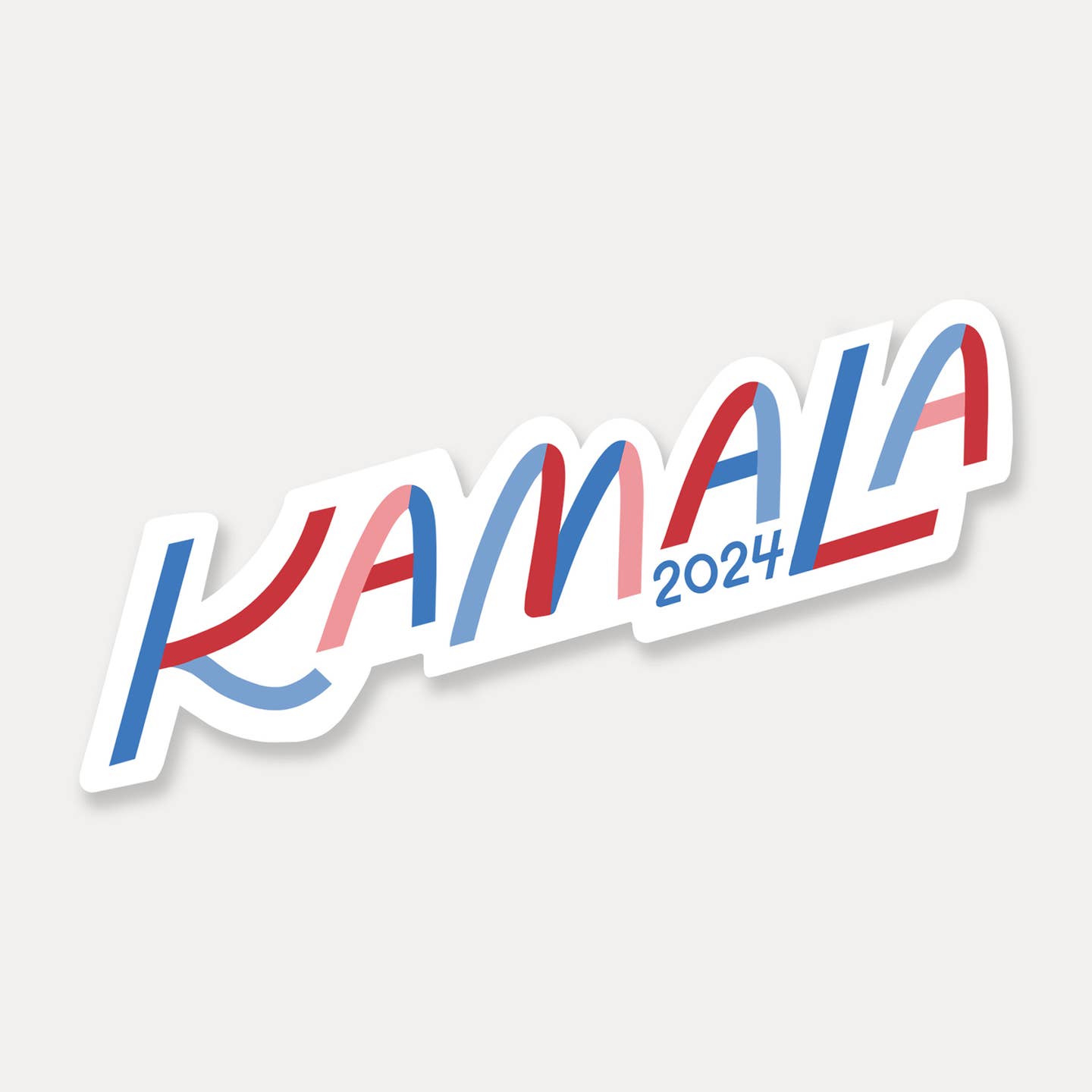 Decorative sticker with white background and red and blue text says, "Kamala 2024".